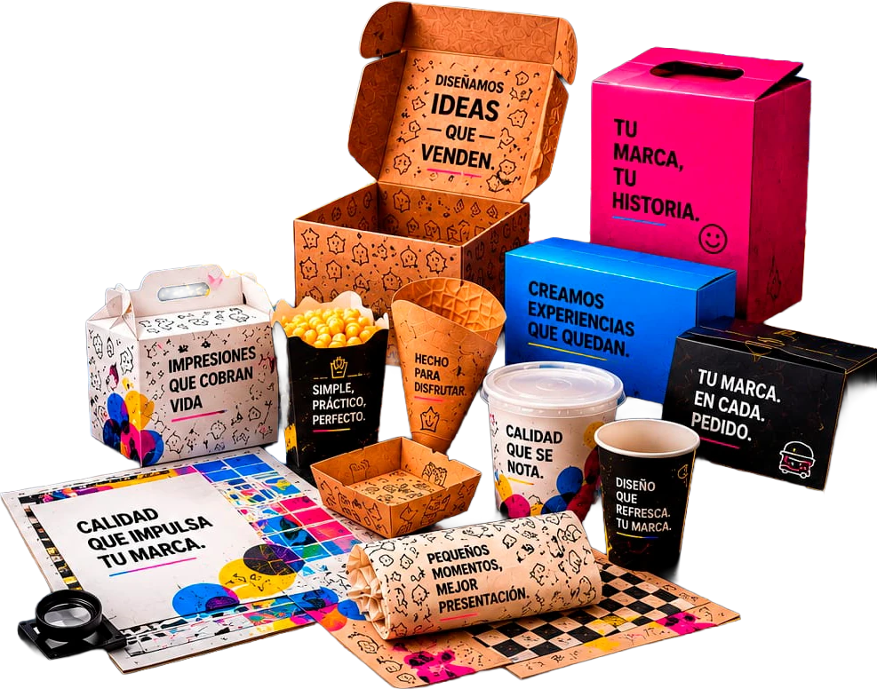 Muestras de packaging Melbren: cajas, conos, vasos y gráfica impresa