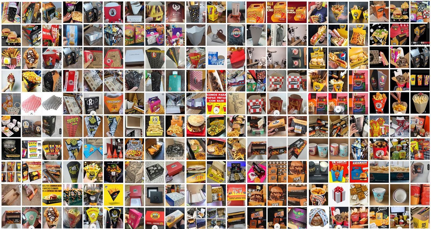 Collage de packaging Melbren: cajas, conos, vasos y envases personalizados